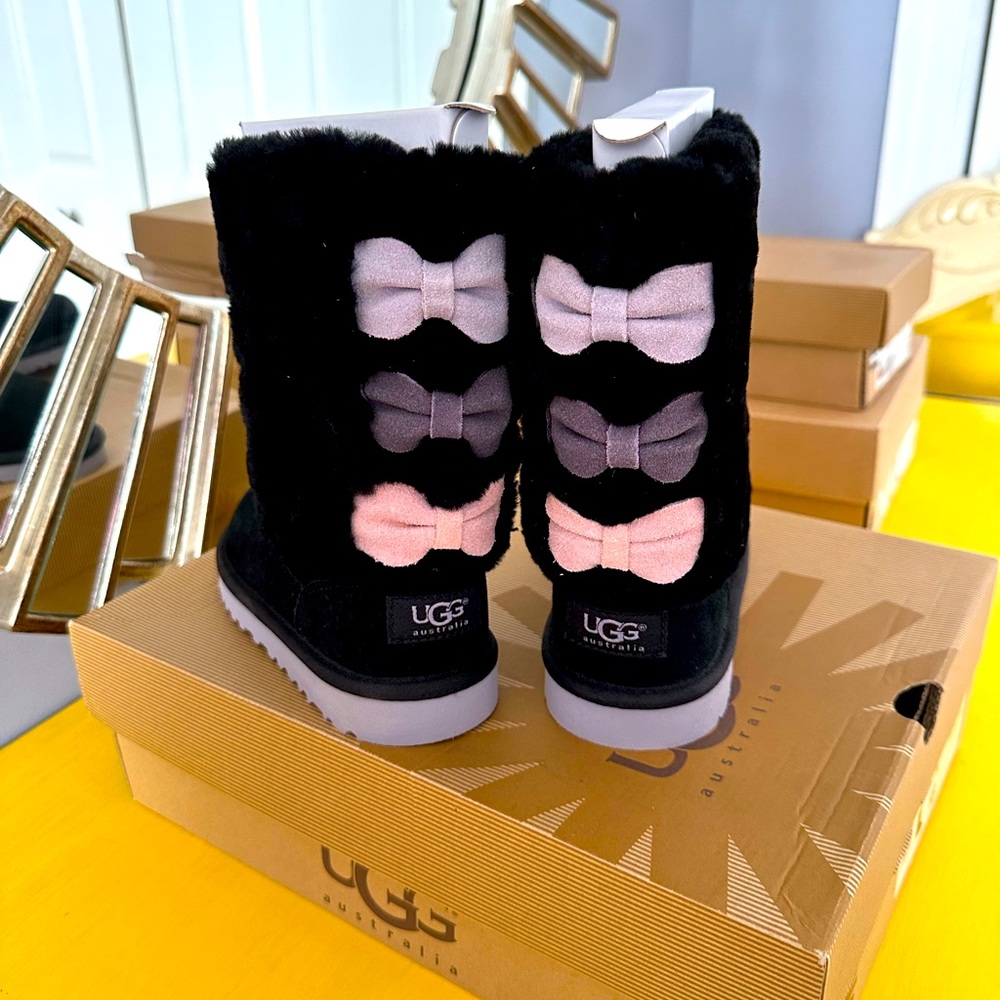 Ugg Australia Black Malena Multicolor Triple Bow Sheepskin Cuff Boots